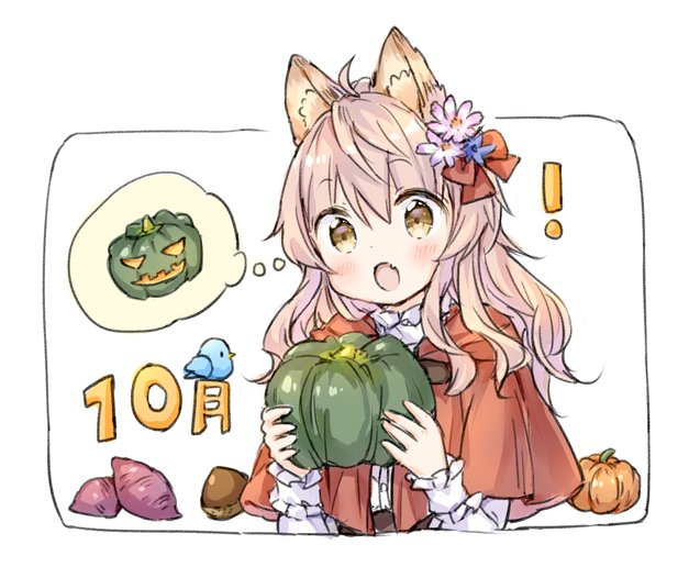 ! 1girl :o ahoge animal animal_ear_fluff animal_ears bangs bird blue_flower bluebird bow brown_eyes capelet chestnut commentary_request eyebrows_visible_through_hair fang flower food hair_between_eyes hair_bow hair_flower hair_ornament hands_up holding holding_food hood hood_down hooded_capelet jack-o'-lantern long_hair long_sleeves open_mouth original pink_flower pink_hair pumpkin red_bow red_capelet shirt solo sweet_potato thought_bubble upper_body wataame27 white_background white_shirt wolf-chan_(wataame27) wolf_ears