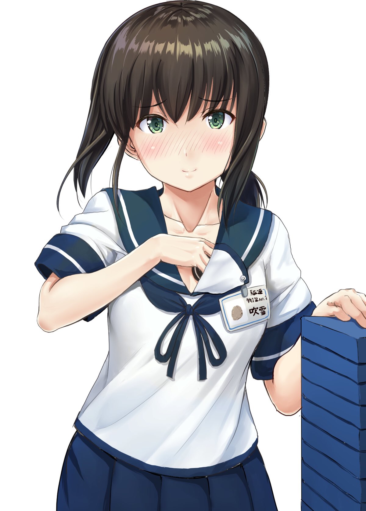 1girl bangs black_hair blush breasts collarbone commentary_request food fubuki_(kantai_collection) highres holding holding_food ichikawa_feesu kantai_collection long_hair looking_at_viewer low_ponytail oreo pleated_skirt ponytail school_uniform serafuku short_ponytail short_sleeves sidelocks skirt small_breasts smile solo