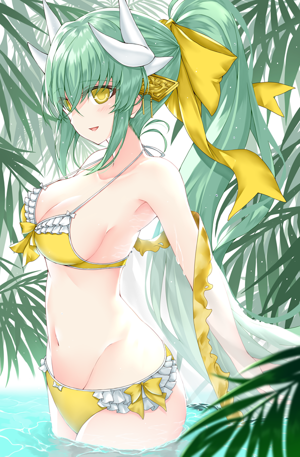 1girl :d bangs bikini bow cowboy_shot eyebrows_visible_through_hair fate/grand_order fate_(series) frilled_bikini frills green_hair groin hair_between_eyes hair_bow halterneck high_ponytail horns kiyohime_(fate/grand_order) kiyohime_(swimsuit_lancer)_(fate) long_hair morizono_shiki navel open_mouth shiny shiny_hair smile solo standing swimsuit very_long_hair wading yellow_bikini yellow_bow yellow_eyes