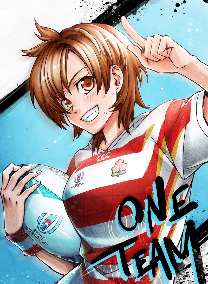 1girl ball blue_background blush brown_eyes brown_hair english_text holding holding_ball index_finger_raised jersey looking_at_viewer nishinomiya_sakuko original rugby rugby_world_cup shirt short_hair short_sleeves smile solo standing striped striped_shirt sweatdrop upper_body