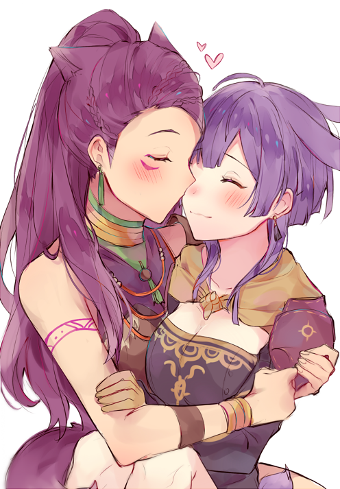 2girls bernadetta_von_varley blush bracelet closed_eyes closed_mouth dress earrings facial_mark fire_emblem fire_emblem:_three_houses gloves heart jewelry kvlen long_hair multiple_girls petra_macneary ponytail purple_hair short_hair simple_background upper_body white_background yuri