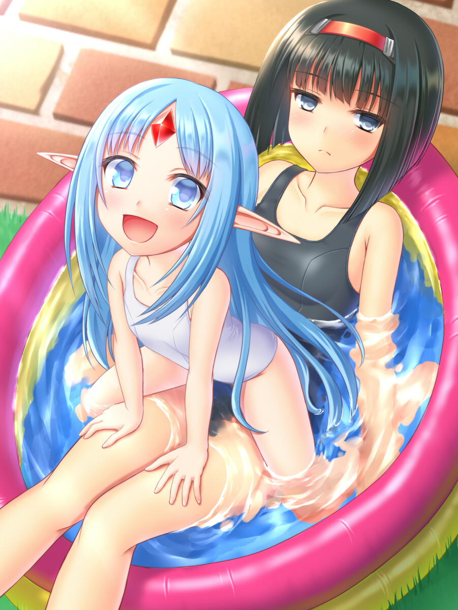 2girls black_hair blue_eyes blue_hair collarbone commentary_request expressionless forehead_jewel from_above hairband hands_on_another's_thighs highres legs long_hair looking_up lying multiple_girls on_back one-piece_swimsuit open_mouth partially_submerged pointy_ears rance_(series) reset_kalar school_swimsuit short_hair sitting sitting_on_person smile swimsuit thighs tsuboyarou very_long_hair wading_pool water wet white_school_swimsuit white_swimsuit yuzuhara_yuzumi