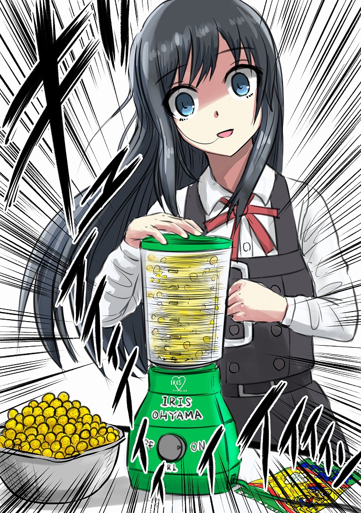 1girl asashio_(kantai_collection) belt black_hair blender blue_eyes candy commentary_request cowboy_shot dress emphasis_lines empty_eyes food h2_(h20000000) kantai_collection long_hair long_sleeves looking_at_viewer neck_ribbon pinafore_dress red_ribbon remodel_(kantai_collection) ribbon shirt solo white_shirt yandere