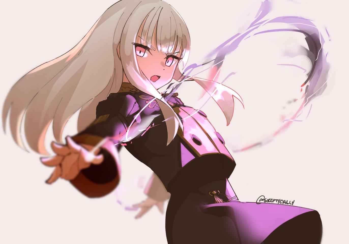 1girl fire_emblem fire_emblem:_three_houses garreg_mach_monastery_uniform long_hair long_sleeves lysithea_von_ordelia open_mouth pink_eyes simple_background skeptycally solo twitter_username uniform white_hair