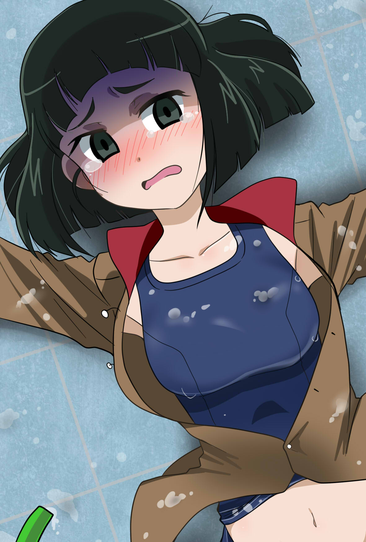 1girl armpit_peek blush breasts chi-hatan_military_uniform collarbone floor girls_und_panzer green_eyes green_hair highres jacket large_breasts looking_at_viewer lying military military_uniform navel nishihara_(girls_und_panzer) on_back on_floor open_clothes open_jacket open_mouth school_swimsuit shiny shiny_hair short_hair solo stone_floor swimsuit swimsuit_under_clothes swimwear tears tongue uniform wakku_kan