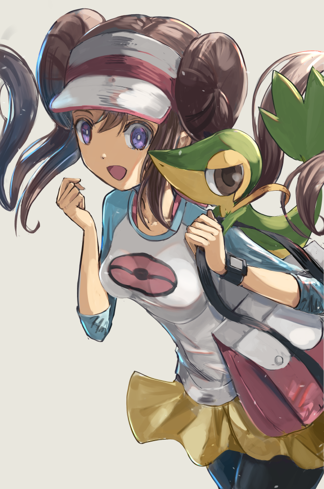 1girl :d bag black_legwear blue_sleeves brown_hair collarbone double_bun floating_hair grey_background hair_between_eyes handbag leaning_forward long_hair long_sleeves mei_(pokemon) miniskirt open_mouth pantyhose pink_bag pleated_skirt poke_ball_print pokemon pokemon_(game) pokemon_bw2 pokemon_on_shoulder print_shirt running shiny shiny_hair shirt simple_background sketch skirt smile snivy solo twintails uutan_(shibainu_kakumei) very_long_hair violet_eyes visor_cap watch watch white_shirt yellow_skirt