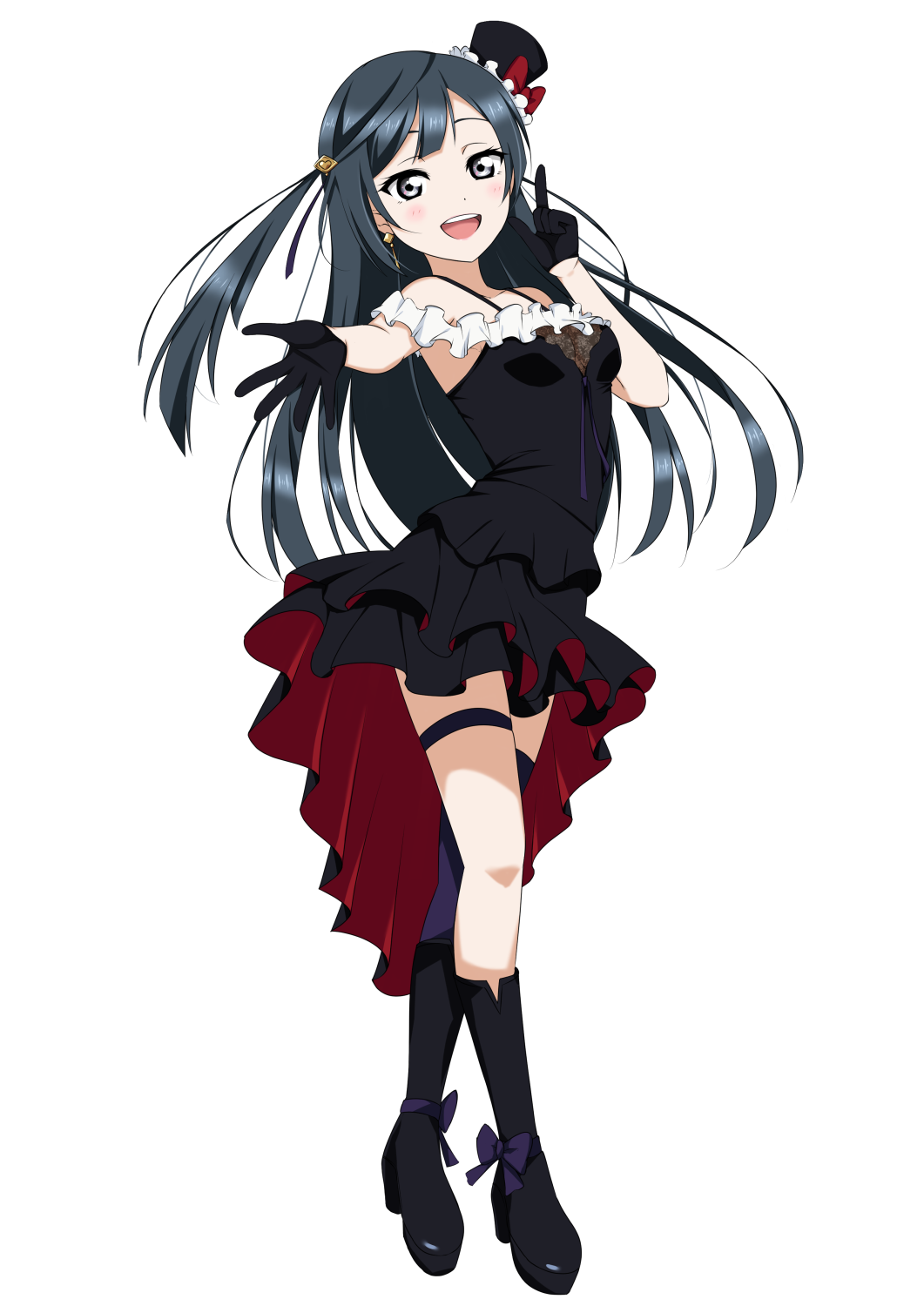 1girl :d bangs black_dress black_eyes black_footwear black_gloves black_hair black_headwear bow breasts dress earrings floating_hair gloves hair_ornament hairclip hat hat_bow highres index_finger_raised jewelry layered_dress long_hair looking_at_viewer love_live! love_live!_school_idol_project medium_breasts open_mouth outstretched_arm outstretched_hand perfect_dream_project purple_bow purple_legwear red_bow shiny shiny_hair short_dress simple_background single_thighhigh sleeveless sleeveless_dress smile solo standing tentenkorori thigh-highs thigh_strap very_long_hair white_background yuuki_setsuna_(love_live!)