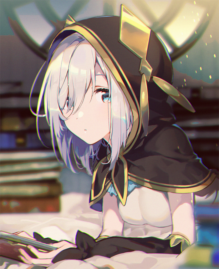 1girl :o ars_almal bare_shoulders bed black_cape blue_eyes book breasts cape detached_sleeves hair_over_one_eye holding holding_book hood hood_up hooded_cape indoors large_breasts looking_to_the_side lying nijisanji on_bed open_mouth shirt solo virtual_youtuber white_hair white_shirt yoshida_bana