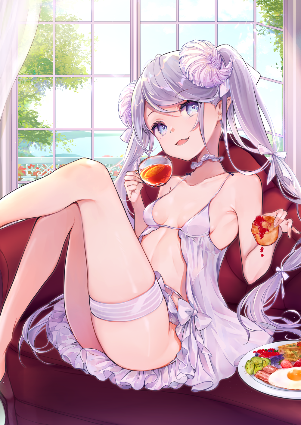 1girl babydoll bacon bangs bow breasts collarbone cup eyebrows_visible_through_hair fang food fried_egg fruit hair_bow hair_ribbon highres holding holding_cup holding_food horns indoors jelly lake long_hair open_mouth orange orange_slice original plate pointy_ears purple_hair ribbon sitting small_breasts smile solo strawberry thigh_strap tree twintails very_long_hair violet_eyes window yuge_(mkmk)