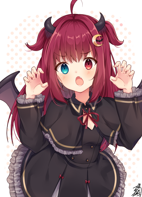1girl ahoge bangs black_capelet black_dress blue_eyes blush bow brown_wings capelet claw_pose crescent crescent_hair_ornament demon_girl demon_horns demon_wings dress eyebrows_visible_through_hair fang frilled_dress frilled_sleeves frills hair_intakes hair_ornament hands_up heterochromia horns long_hair long_sleeves looking_at_viewer neck_ribbon nijisanji omuretsu open_mouth polka_dot polka_dot_background red_bow red_eyes red_ribbon redhead ribbon signature solo two_side_up very_long_hair virtual_youtuber white_background wings yuzuki_roa