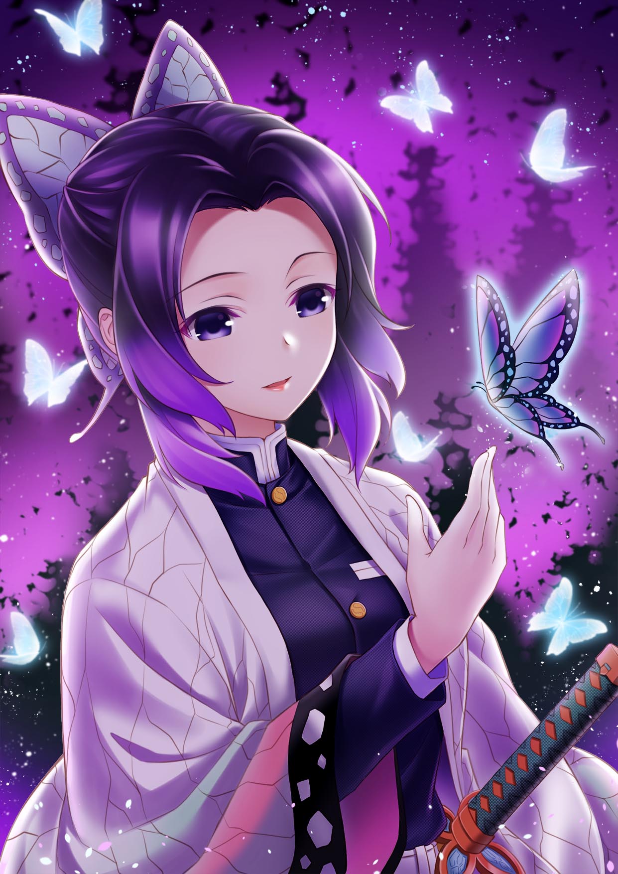 1girl :d black_hair bug butterfly butterfly_hair_ornament gradient_hair hair_intakes hair_ornament haori highres insect jacket japanese_clothes kimetsu_no_yaiba kochou_shinobu long_sleeves medium_hair missyouone1812 multicolored_hair open_mouth purple_hair purple_jacket smile solo sword upper_body violet_eyes weapon