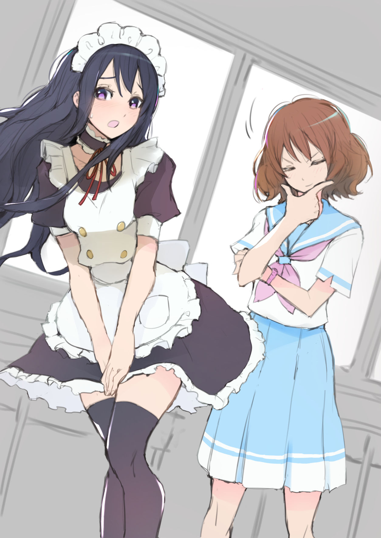 2girls alternate_costume apron bana_(stand_flower) black_hair black_legwear black_shirt black_skirt blue_sailor_collar blue_skirt brown_hair choker closed_eyes enmaided floating_hair frilled_skirt frills hibike!_euphonium highres kousaka_reina long_hair maid maid_headdress medium_skirt miniskirt multiple_girls neck_ribbon open_mouth oumae_kumiko pink_neckwear red_ribbon ribbon sailor_collar school_uniform serafuku shiny shiny_hair shirt short_hair short_sleeves sketch skirt standing thigh-highs very_long_hair violet_eyes watch watch white_apron white_shirt zettai_ryouiki