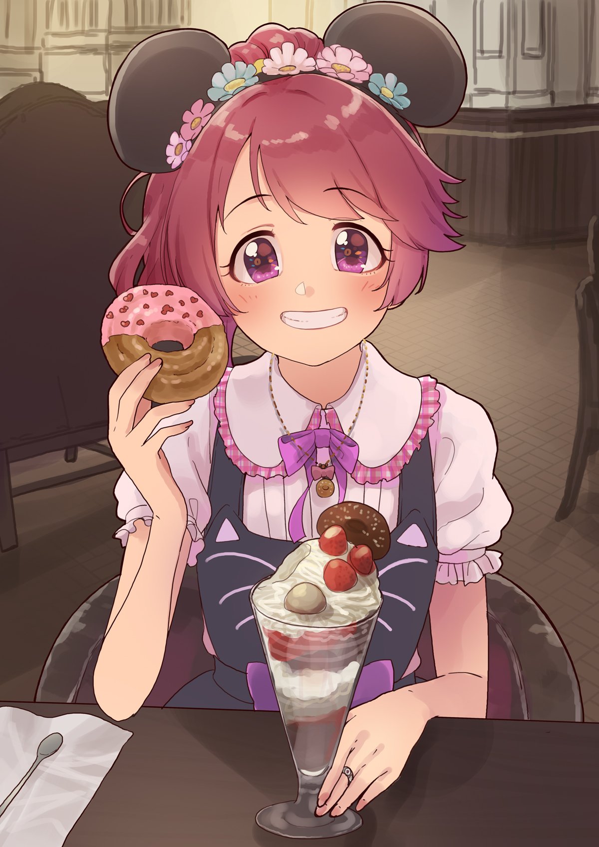 apron cafe dessert doughnut food grin hairband highres holding holding_food idolmaster idolmaster_cinderella_girls indoors jewelry looking_at_viewer mickey_mouse_ears necklace parfait peppe pov_across_table puffy_short_sleeves puffy_sleeves ring shiina_noriko short_sleeves sitting smile spoon upper_body violet_eyes