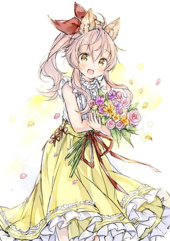 1girl :d ahoge alternate_costume animal_ear_fluff animal_ears bangs bare_arms bare_shoulders blush bouquet brown_eyes center_frills commentary_request eyebrows_visible_through_hair fang flower frilled_skirt frills hair_between_eyes hair_up high_ponytail long_hair looking_at_viewer object_hug open_mouth orange_flower original petals pink_flower pink_hair pink_rose pleated_skirt ponytail purple_flower red_flower red_ribbon red_rose ribbon rose shirt sidelocks skirt sleeveless sleeveless_shirt smile solo wataame27 white_background white_shirt wolf-chan_(wataame27) wolf_ears yellow_skirt