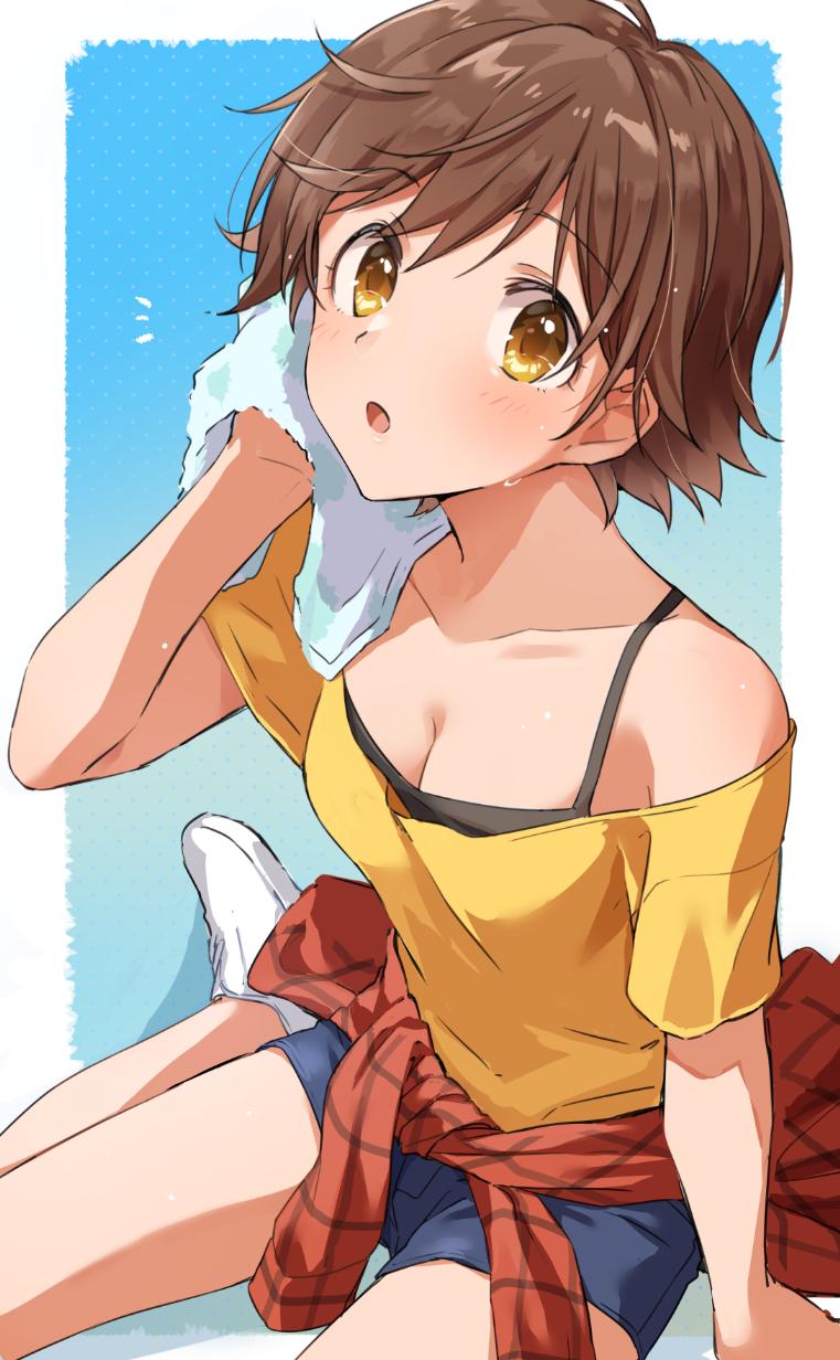 1girl blush breasts brown_hair clothes_around_waist eyebrows_visible_through_hair highres honda_mio idolmaster idolmaster_cinderella_girls looking_at_viewer open_mouth shirt shirt_around_waist shoes short_hair shoulders sitting solo towel wiping_face zattape