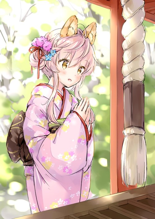 1girl :d animal_ear_fluff animal_ears bangs blue_flower blush brown_eyes commentary_request eyebrows_visible_through_hair floral_print flower hair_between_eyes hair_bun hair_flower hair_ornament hair_ribbon hands_together hands_up hatsumoude japanese_clothes kimono long_hair long_sleeves obi open_mouth original own_hands_together pink_flower pink_hair pink_kimono print_kimono red_ribbon ribbon sash sidelocks sleeves_past_wrists smile solo wataame27 wide_sleeves wolf-chan_(wataame27) wolf_ears