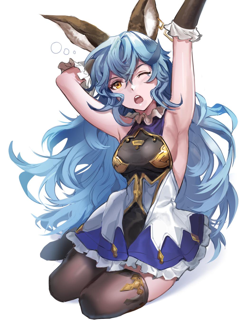 1girl animal_ears arm_up armpits black_gloves blue_hair blue_skirt boba breasts brown_legwear curly_hair elbow_gloves ferry_(granblue_fantasy) frilled_gloves frilled_skirt frills full_body gloves granblue_fantasy hair_between_eyes highres kneeling long_hair medium_breasts miniskirt one_eye_closed open_mouth sideboob simple_background skirt solo thigh-highs very_long_hair white_background yellow_eyes zettai_ryouiki