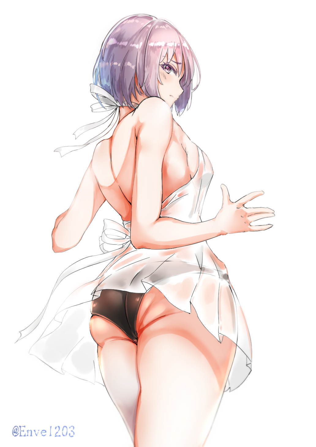 1girl ass back bare_shoulders black_panties blush breasts closed_mouth dress envelolip fate/grand_order fate_(series) hair_over_one_eye highres large_breasts lavender_hair looking_at_viewer looking_back mash_kyrielight panties see-through sheer_clothes short_dress short_hair simple_background thighs underwear violet_eyes white_background