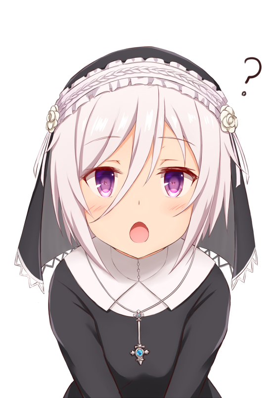 1girl :o ? bangs black_dress blush commentary_request dress eyebrows_visible_through_hair habit hair_between_eyes itomi_sayaka looking_at_viewer natsu_(927013) nun open_mouth short_hair silver_hair simple_background solo toji_no_miko upper_body veil violet_eyes white_background