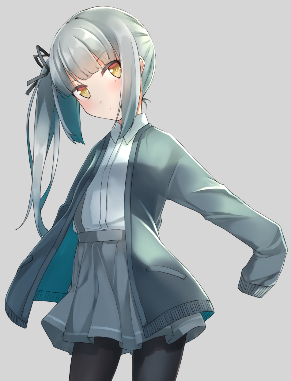 1girl alternate_costume bangs black_legwear black_ribbon blush brown_eyes cardigan closed_mouth collared_shirt comah commentary_request dress_shirt eyebrows_visible_through_hair grey_background grey_cardigan grey_skirt hair_ribbon head_tilt highres kantai_collection kasumi_(kantai_collection) long_hair long_sleeves looking_at_viewer open_cardigan open_clothes pantyhose pleated_skirt ribbon shirt side_ponytail silver_hair simple_background skirt sleeves_past_fingers sleeves_past_wrists solo suspender_skirt suspenders white_shirt