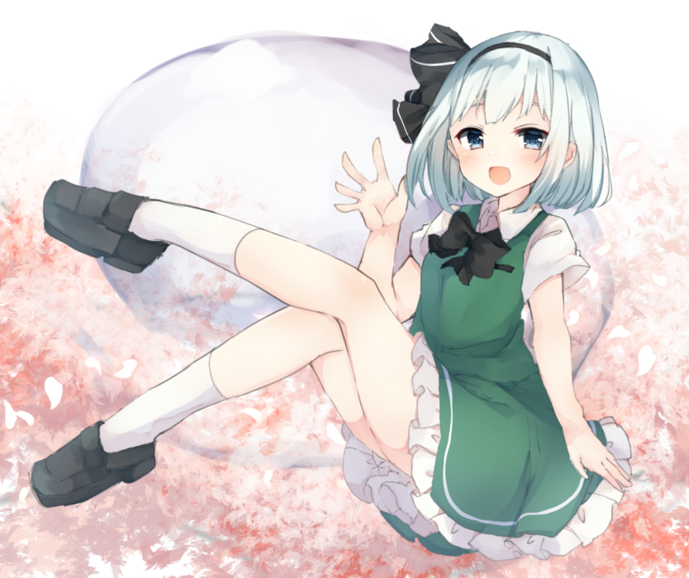 1girl :d bangs black_bow black_footwear black_hairband black_neckwear black_ribbon blue_eyes blush bow bowtie commentary_request dress full_body green_dress hair_ribbon hairband hand_up hitodama karasusou_nano knee_up kneehighs konpaku_youmu konpaku_youmu_(ghost) leg_up loafers looking_at_viewer open_mouth petals petticoat ribbon shirt shoes short_dress short_hair short_sleeves sidelocks silver_hair sitting smile solo thighs touhou white_background white_legwear white_shirt