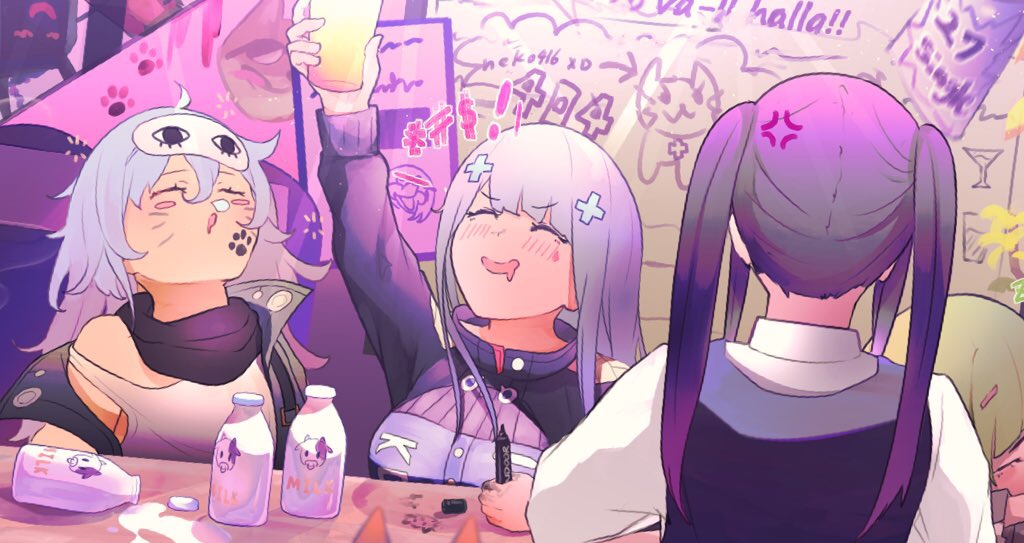 4girls amirun anger_vein arm_up bar bartender black_scarf blue_hair blush_stickers bottle character_request closed_eyes commentary_request crossover cup dog dollar_sign drawings eyebrows_visible_through_hair face_painting furrowed_eyebrows g11_(girls_frontline) girls_frontline green_hair hair_between_eyes hair_ornament hashtag hk416_(girls_frontline) holding holding_cup holding_marker jill_stingray long_sleeves marker milk_bottle multiple_girls number off_shoulder paw_print purple_hair rad_shiba scarf skirt sleep_mask sunglasses tongue tongue_out twintails va-11_hall-a whiskers white_skirt zzz
