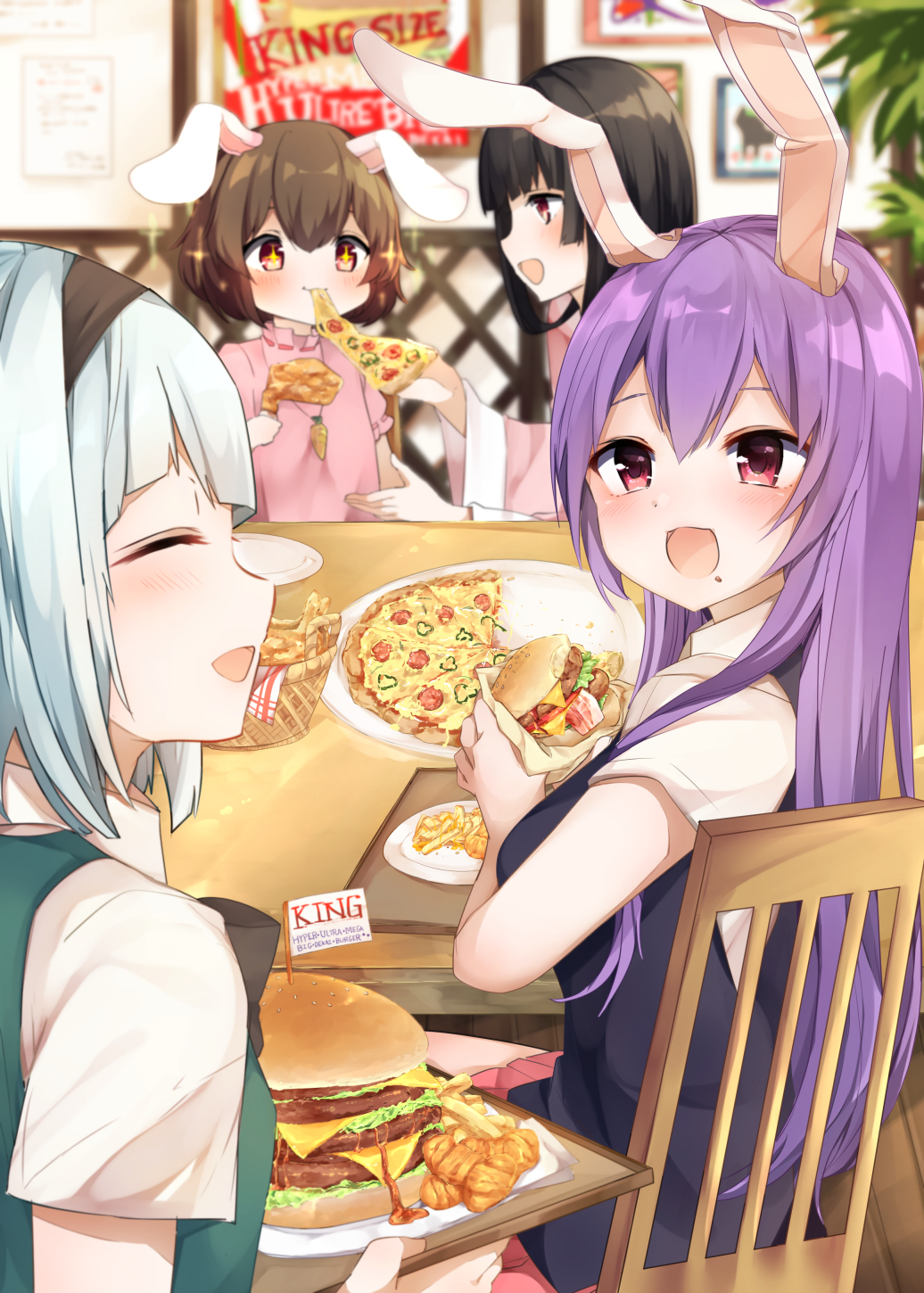 4girls :d ^_^ animal_ears bangs basket black_bow black_hair black_hairband black_neckwear black_vest blush bow bowtie breasts brown_eyes brown_hair carrot_necklace chair chicken_(food) closed_eyes commentary_request dress food green_vest hair_between_eyes hairband hamburger highres holding holding_food holding_tray houraisan_kaguya inaba_tewi indoors karasusou_nano konpaku_youmu long_hair looking_at_another medium_breasts miniskirt multiple_girls open_mouth pink_dress pizza plant plate profile puffy_short_sleeves puffy_sleeves purple_hair rabbit_ears red_eyes red_skirt reisen_udongein_inaba short_hair short_sleeves silver_hair skirt smile sparkle table touhou tray upper_body vest wide_sleeves