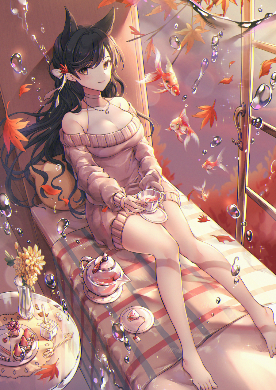 1girl animal_ears atago_(azur_lane) azur_lane bangs bare_legs bare_shoulders barefoot black_hair bow breasts brown_eyes brown_sweater cake closed_mouth collarbone commentary covered_collarbone cup eyebrows_visible_through_hair fish flower food fork goldfish hair_between_eyes hair_bow highres holding holding_cup holding_saucer large_breasts long_hair long_sleeves looking_at_viewer off-shoulder_sweater off_shoulder open_window ozzingo pillow sitting slice_of_cake smile solo sweater symbol_commentary teapot vase very_long_hair water_drop white_bow window yellow_flower