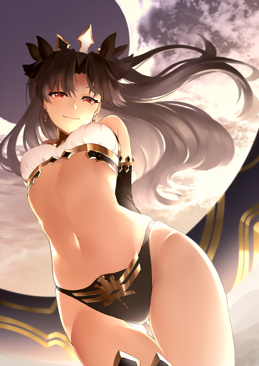 1girl armlet asymmetrical_legwear asymmetrical_sleeves backlighting bangs bare_shoulders black_hair blush bow breasts closed_mouth detached_collar detached_sleeves earrings fate/grand_order fate_(series) hair_bow highres ishtar_(fate/grand_order) jewelry koruta_(nekoimo) long_hair looking_at_viewer navel neck_ring parted_bangs red_eyes single_detached_sleeve single_thighhigh smile solo thigh-highs thighs tiara two_side_up