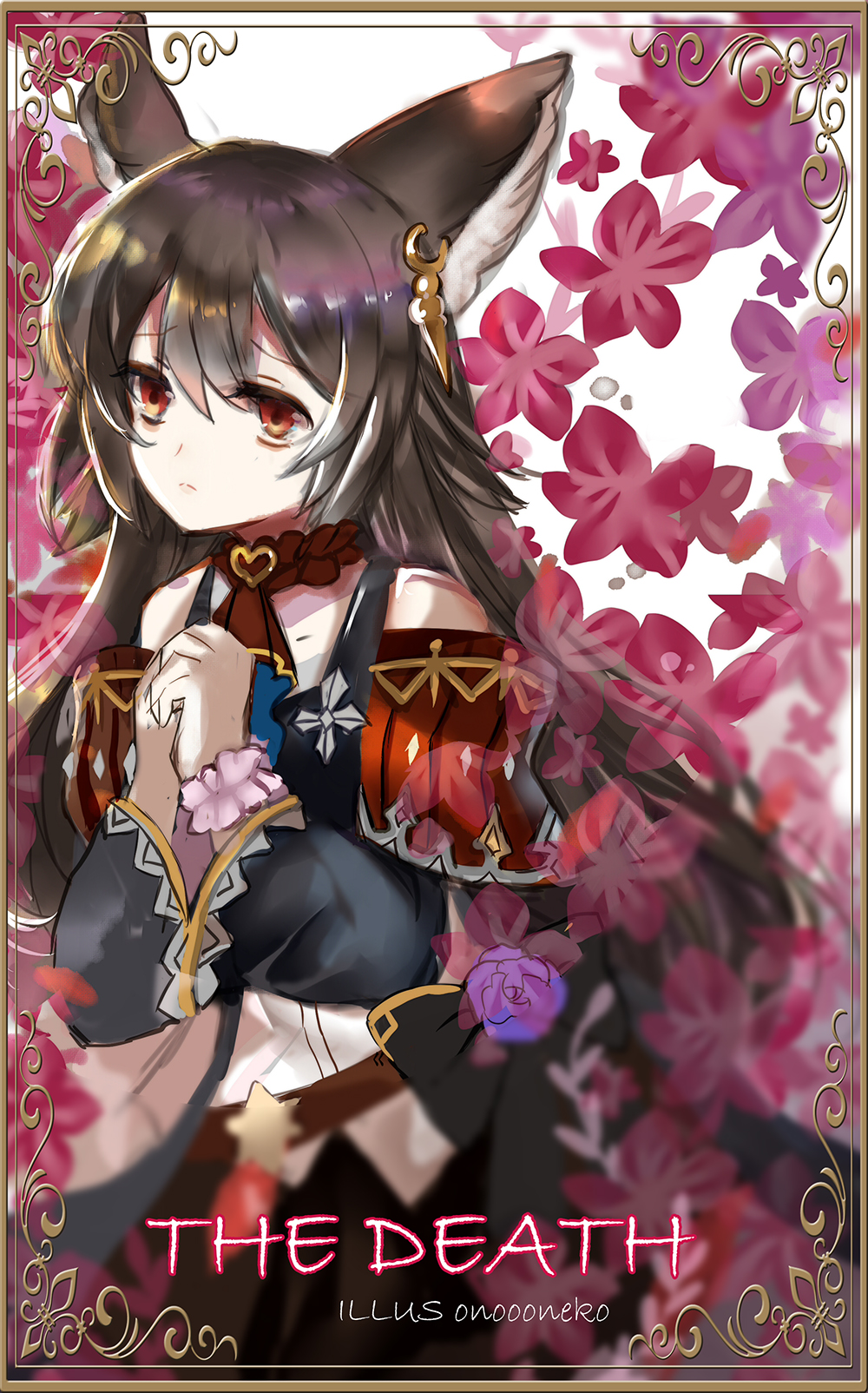 1girl animal_ear_fluff animal_ears bangs bare_shoulders black_hair black_jacket blurry blurry_foreground character_request closed_mouth commentary_request depth_of_field eyebrows_visible_through_hair flower granblue_fantasy hair_between_eyes hands_together hands_up heart highres jacket long_hair long_sleeves looking_at_viewer lunacats own_hands_together pink_scrunchie purple_flower purple_rose red_eyes rose scrunchie solo very_long_hair wrist_scrunchie