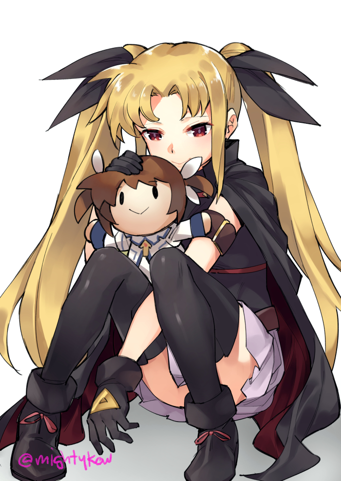 1girl arm_belt black_cape black_gloves black_leotard blonde_hair cape character_doll convenient_leg doll_hug fate_testarossa gebyy-terar gloves hair_ribbon leotard lyrical_nanoha mahou_shoujo_lyrical_nanoha petting pleated_skirt red_cape red_eyes ribbon shoes sitting skirt smile takamachi_nanoha thigh-highs twintails white_skirt