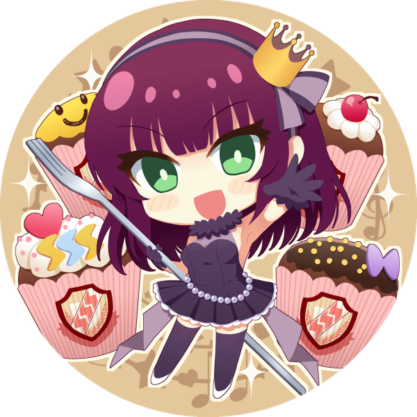 1girl :d angel_beats! armpits bangs black_dress black_gloves black_legwear blush breasts cake chibi crown dress eyebrows_visible_through_hair food fork full_body gloves green_eyes hairband holding holding_fork long_hair medium_breasts mini_crown nakamura_hinato open_mouth outstretched_arm outstretched_hand pleated_dress pumps purple_hair purple_hairband shiny shiny_hair short_dress sleeveless sleeveless_dress smile solo standing thigh-highs white_background white_footwear yuri_(angel_beats!) zettai_ryouiki