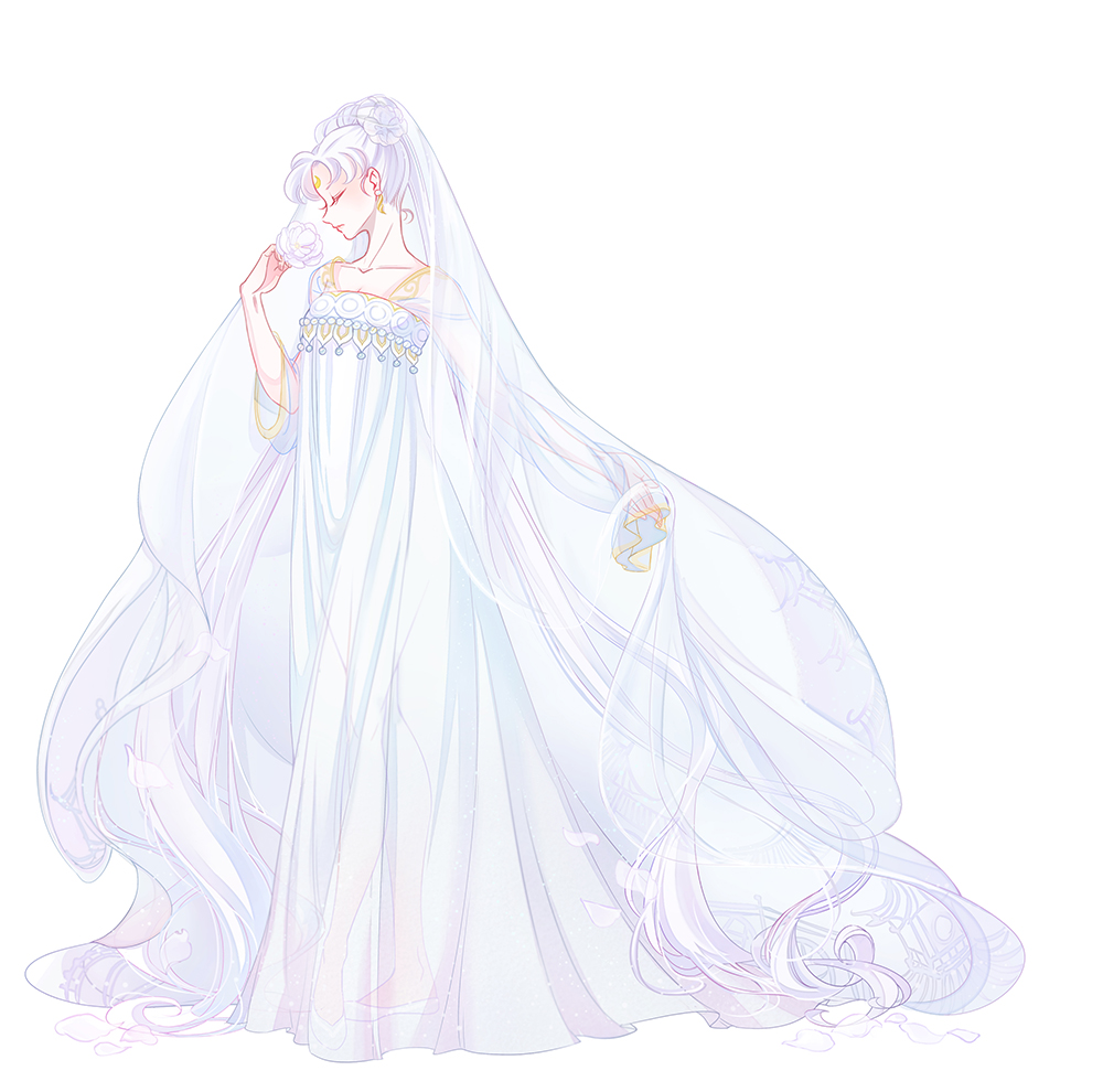 1girl adapted_costume alternate_costume bishoujo_senshi_sailor_moon chinese_clothes closed_eyes crescent earrings facial_mark flower forehead_mark full_body hanfu jewelry lips long_hair petals princess_serenity riku_(lingsky) see-through see-through_sleeves solo tsukino_usagi twintails veil very_long_hair white_hair