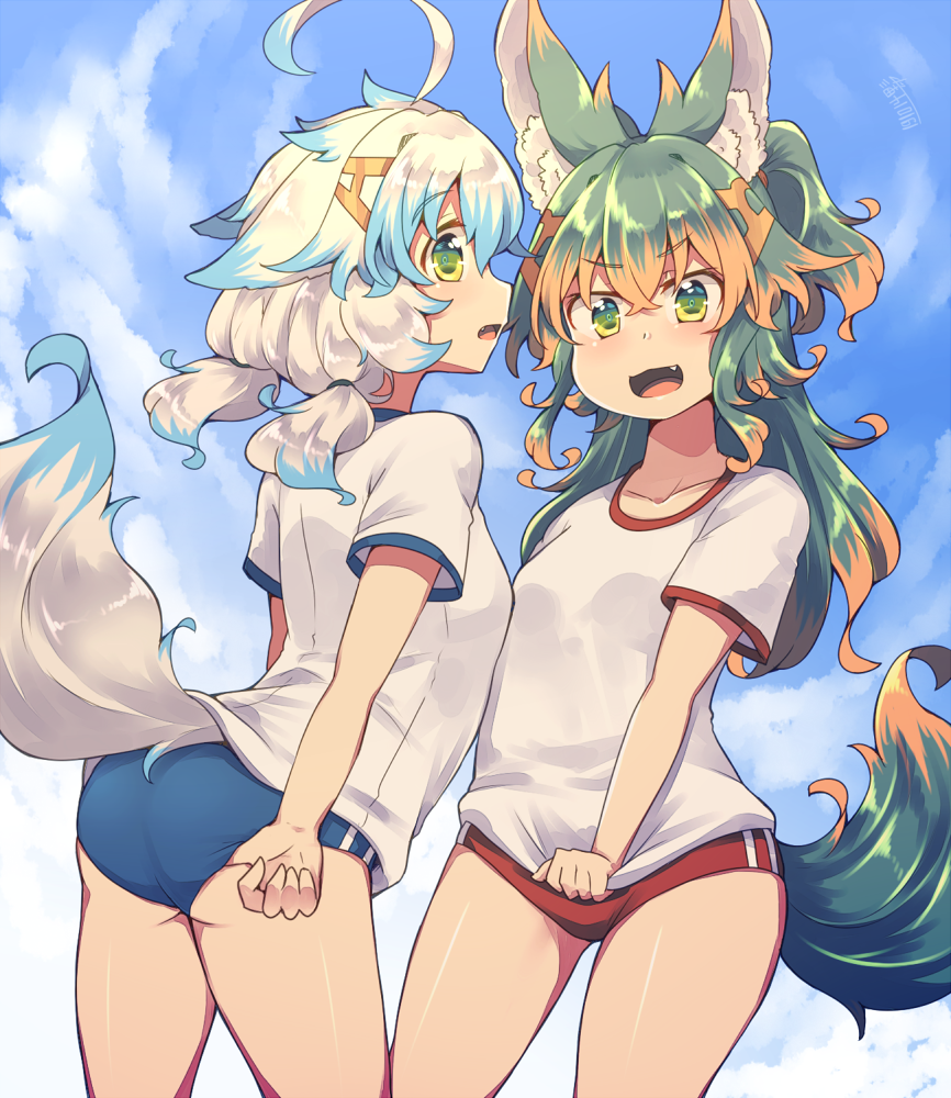 2girls ahoge animal_ear_fluff animal_ears bangs blue_buruma blue_sky buruma collarbone crossed_bangs dated day eyebrows_visible_through_hair fang green_eyes green_hair gym_shirt gym_uniform hair_between_eyes kuromiya kuromiya_raika long_hair looking_at_viewer looking_back multicolored_hair multiple_girls open_mouth original outdoors red_buruma shiromiya_asuka shirt short_hair sky tail two-tone_hair white_hair