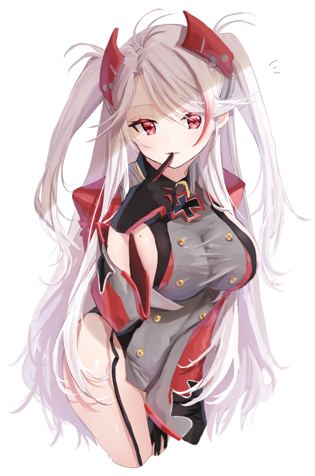 1girl antenna_hair azur_lane black_gloves breasts chigusa_minori cropped_legs dress finger_to_mouth garter_straps gloves grey_dress hair_ornament hand_on_own_thigh hand_up highres large_breasts long_hair long_sleeves looking_at_viewer mole mole_on_breast multicolored_hair prinz_eugen_(azur_lane) red_eyes simple_background solo thighs two-tone_hair two_side_up very_long_hair white_background white_hair