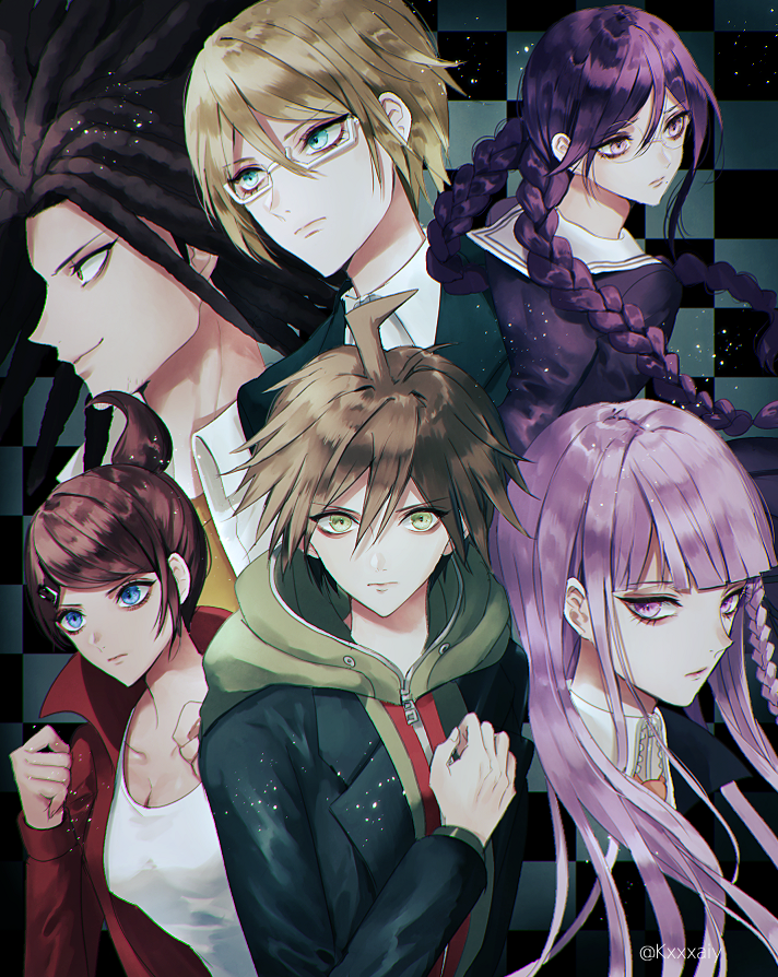 3boys 3girls artist_name asahina_aoi black_hair black_jacket braid brown_hair commentary_request dangan_ronpa dangan_ronpa_1 eyebrows_visible_through_hair fukawa_touko glasses hair_between_eyes jacket kirigiri_kyouko long_hair multiple_boys multiple_girls naegi_makoto red_jacket sakuyu school_uniform serafuku shirt short_hair spiky_hair togami_byakuya twin_braids white_shirt