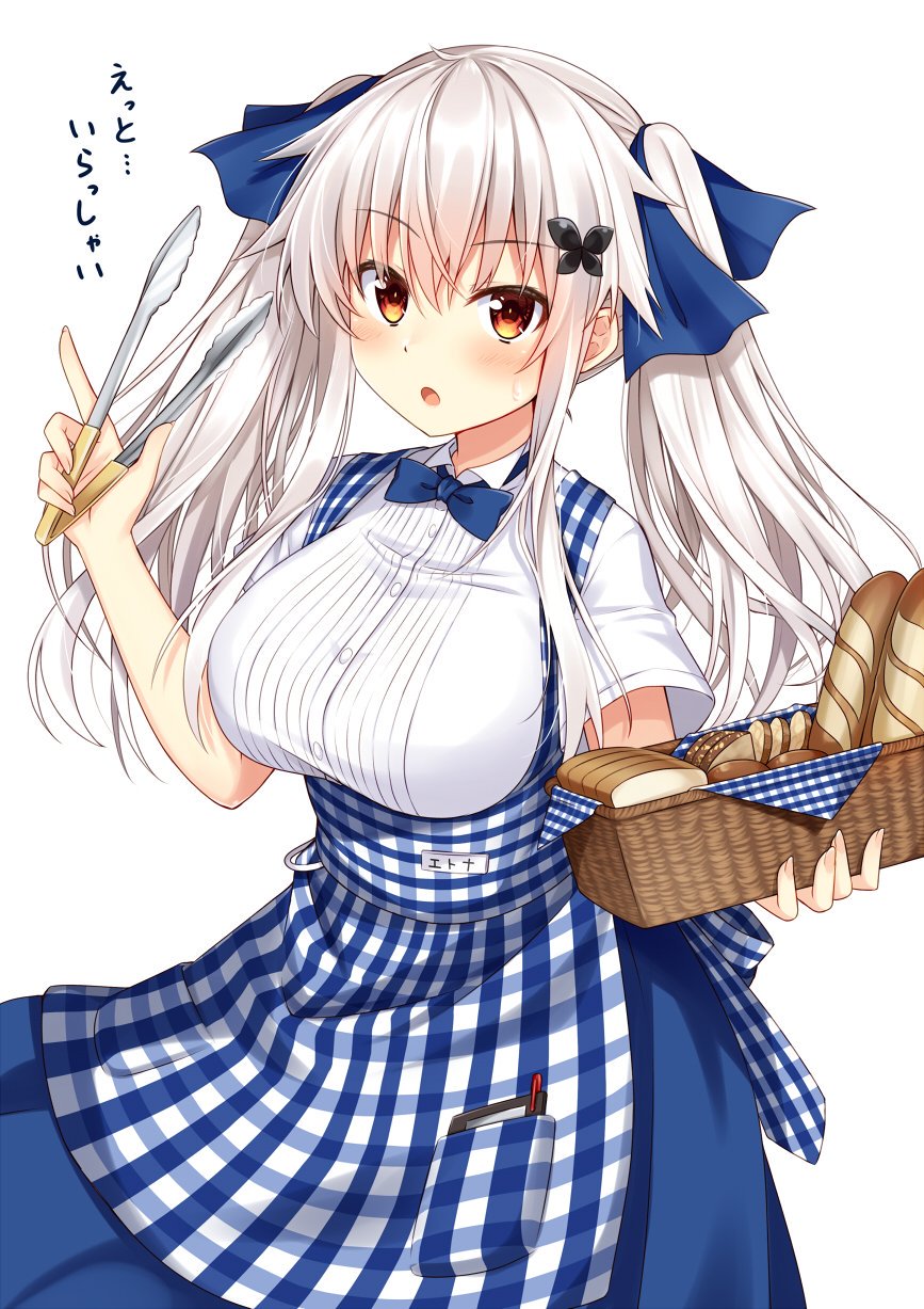 1girl :o apron baguette basket blue_apron blue_neckwear blue_ribbon blue_sky blush bow bowtie bread breasts butterfly_hair_ornament commentary_request dress_shirt employee_uniform etna_(kuzuyu) food gingham_apron hair_ornament hair_ribbon hand_up highres holding holding_basket kobeya komori_kuzuyu koubeya_uniform large_breasts long_hair looking_at_viewer original parted_lips red_eyes ribbon shirt short_sleeves simple_background sky solo sweat tongs translation_request twilight uniform waitress white_background white_hair white_shirt