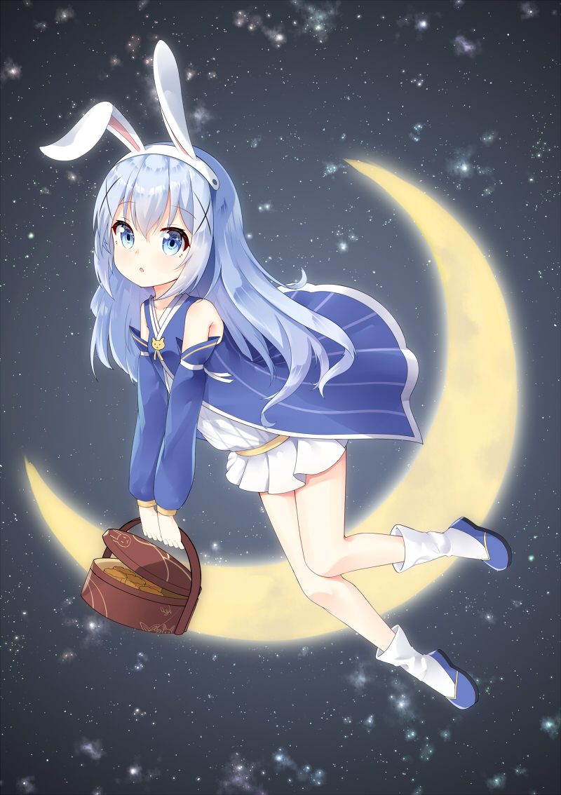 1girl :o animal_ears bangs bare_shoulders blue_eyes blue_footwear blue_hair blue_jacket blue_sleeves blush chihong_de_tianshi commentary_request crescent_moon detached_sleeves dress eyebrows_visible_through_hair fake_animal_ears full_body gochuumon_wa_usagi_desu_ka? hair_between_eyes hair_ornament hairband holding jacket kafuu_chino long_hair long_sleeves looking_at_viewer moon parted_lips pleated_dress rabbit_ears shoes sky sleeveless sleeveless_jacket socks solo star_(sky) starry_sky very_long_hair white_dress white_hairband white_legwear x_hair_ornament