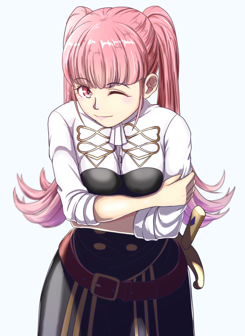 1girl ;) bangs black_skirt blunt_bangs breast_squeeze breasts closed_mouth cowboy_shot crossed_arms eyebrows_visible_through_hair fire_emblem fire_emblem:_three_houses gzo1206 hilda_valentine_goneril leaning_forward long_hair long_sleeves looking_at_viewer one_eye_closed pink_eyes pink_hair shiny shiny_hair shirt simple_background skirt smile solo standing twintails very_long_hair white_background white_shirt