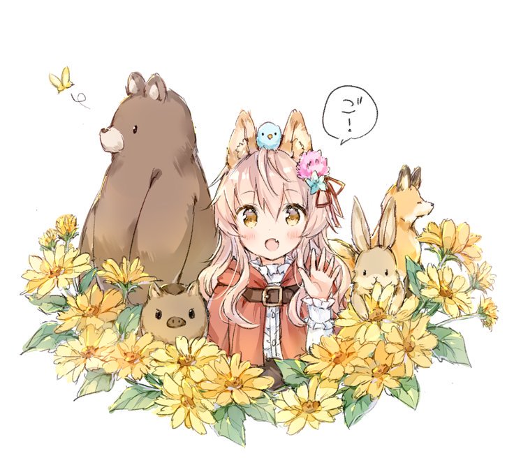 1girl :d animal animal_ear_fluff animal_ears animal_on_head bangs bear bird bird_on_head blue_flower bluebird blush boar brown_eyes bug butterfly capelet commentary_request eyebrows_visible_through_hair fang flower fox hair_between_eyes hair_flower hair_ornament hair_ribbon hand_up hood hood_down hooded_capelet insect long_hair long_sleeves looking_at_viewer on_head open_mouth original pink_flower pink_hair rabbit red_capelet red_ribbon ribbon shirt smile solo translated wataame27 white_background white_shirt wolf-chan_(wataame27) wolf_ears yellow_flower