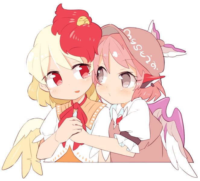 2girls animal animal_ears animal_on_head bird bird_wings blonde_hair brown_eyes brown_headwear chick commentary_request earrings eye_contact eyebrows_visible_through_hair feathered_wings hands_together hat holding_hands ini_(inunabe00) jewelry looking_at_another multicolored_hair multiple_girls mystia_lorelei niwatari_kutaka no_pupils on_head pink_hair puffy_short_sleeves puffy_sleeves red_eyes redhead short_hair short_sleeves simple_background touhou two-tone_hair upper_body white_background winged_hat wings