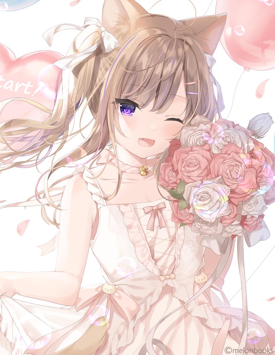 1girl ;d animal_ear_fluff animal_ears balloon bangs bare_arms bare_shoulders bell bouquet bow brown_hair cat_ears collarbone commentary_request dress eyebrows_visible_through_hair fang flower glint hair_bow hair_ornament hairclip heart heart_balloon highres jingle_bell leo_(mafuyu) long_hair looking_at_viewer mafuyu_(chibi21) multicolored_hair one_eye_closed open_mouth original petals pink_bow pink_flower pink_rose purple_hair rose sleeveless sleeveless_dress smile solo streaked_hair twintails upper_body violet_eyes watermark white_bow white_dress white_flower white_rose