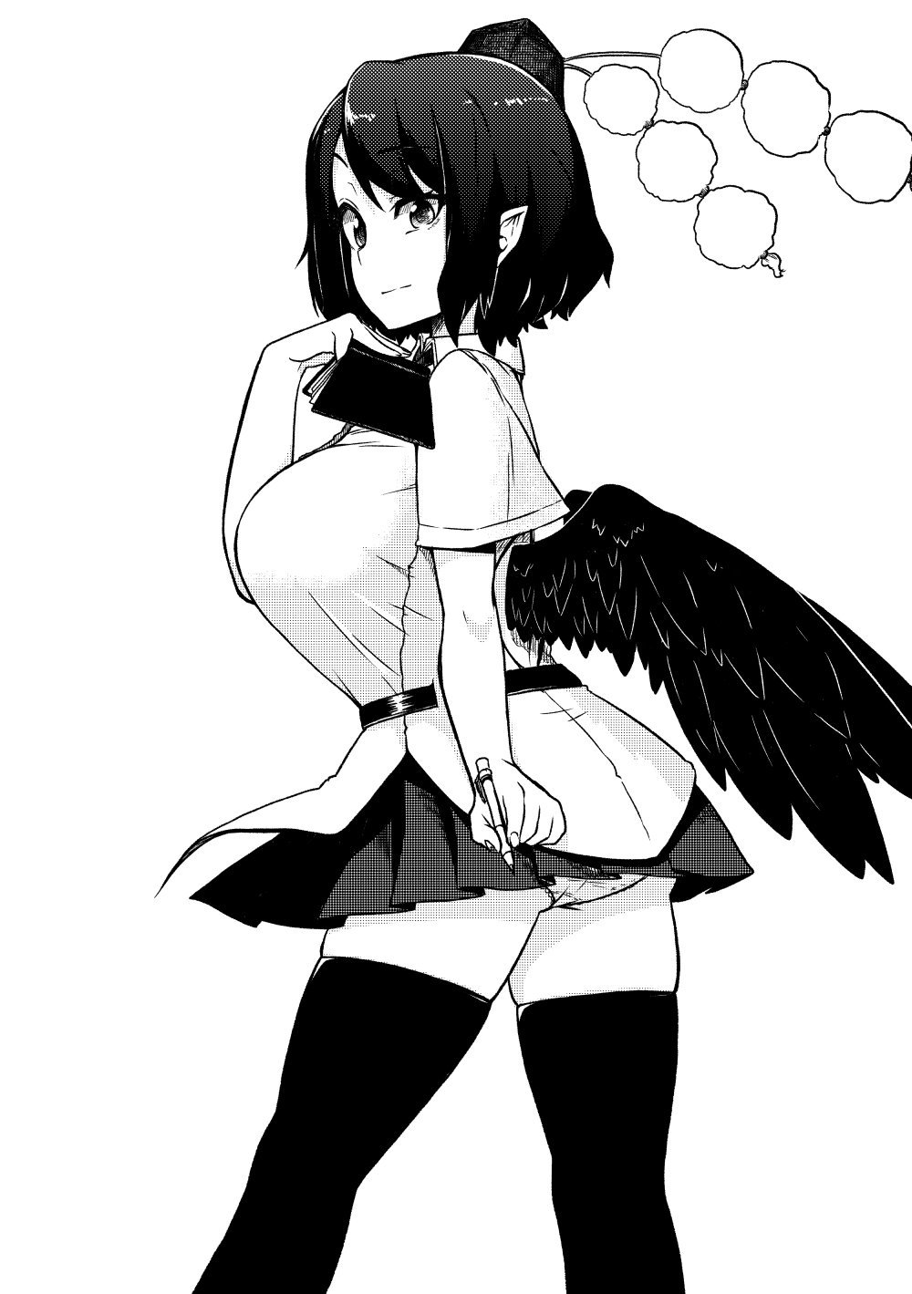 1girl ass belt black_wings book breasts collar eyebrows_visible_through_hair from_side greyscale hat highres himajin_noizu holding holding_pen large_breasts looking_at_viewer microskirt monochrome panties pantyshot pen pointy_ears pom_pom_(clothes) shameimaru_aya short_hair short_sleeves skirt solo thigh-highs tokin_hat touhou underwear wings