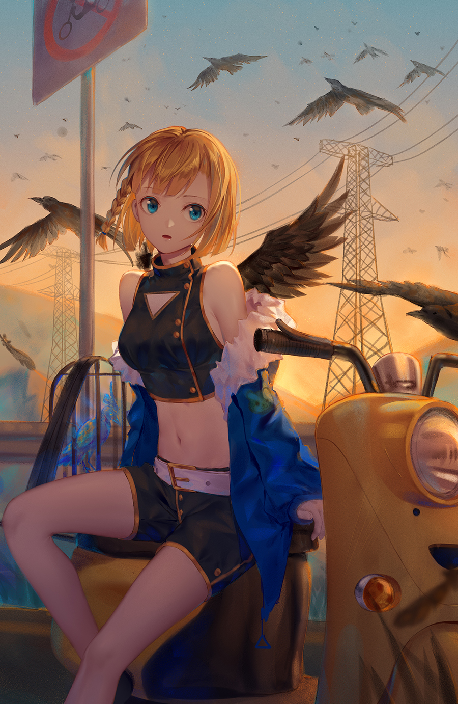 1girl animal bangs bare_shoulders belt belt_buckle bird black_feathers black_footwear black_shirt black_shorts black_wings blue_eyes blue_jacket braid breasts brown_hair buckle commentary_request eyebrows_visible_through_hair feathered_wings feathers fur-trimmed_jacket fur_trim ground_vehicle highres jacket ji_dao_ji midriff moped motor_vehicle navel off_shoulder open_clothes open_jacket original outdoors parted_lips power_lines road_sign shirt shoes short_hair short_shorts shorts side_braid sign single_braid single_wing sitting sleeveless sleeveless_shirt small_breasts solo sunset transmission_tower white_belt wings