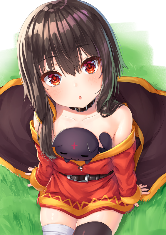 1girl :o bandages bare_shoulders black_hair black_legwear chomusuke collar collarbone commentary_request creature dress from_above grass kono_subarashii_sekai_ni_shukufuku_wo! long_hair long_sleeves looking_at_viewer megumin off-shoulder_dress off_shoulder parted_lips pensuke red_dress red_eyes sitting thigh-highs zettai_ryouiki