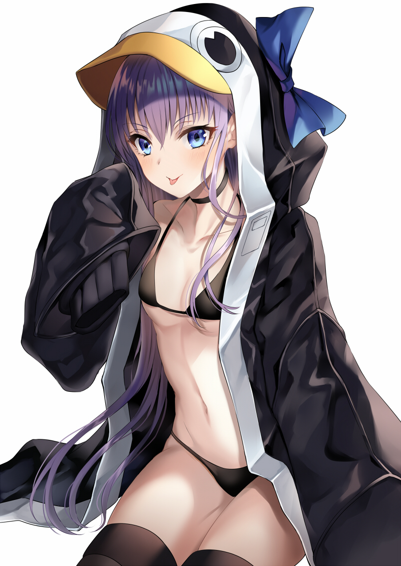 1girl animal_hood bangs bikini black_bikini black_jacket blue_bow blue_eyes blush bow breasts choker collarbone fate/grand_order fate_(series) greaves hair_between_eyes harimoji hood jacket long_hair looking_at_viewer meltryllis meltryllis_(swimsuit_lancer)_(fate) navel open_clothes open_jacket penguin_hood purple_hair simple_background sleeves_past_fingers sleeves_past_wrists small_breasts smile solo swimsuit thighs very_long_hair white_background