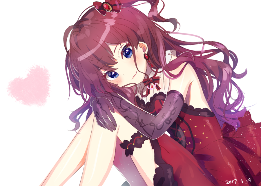 1girl bare_shoulders blue_eyes blush bow brown_gloves brown_hair closed_mouth commentary_request dated dress earrings elbow_gloves gloves hair_bow heart ichinose_shiki idolmaster idolmaster_cinderella_girls jewelry knees_up komachi_pochi leaning_forward long_hair looking_at_viewer looking_to_the_side one_side_up pleated_dress red_bow red_dress simple_background sitting sleeveless sleeveless_dress smile solo striped striped_bow very_long_hair white_background