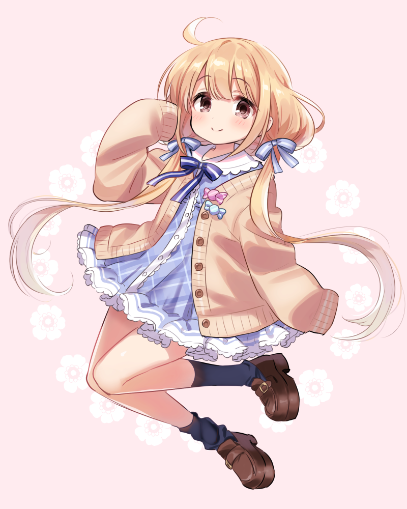 1girl ahoge bangs black_legwear blue21 blue_dress blue_neckwear blush bow bowtie brown_eyes brown_footwear cardigan collar commentary_request dress eyebrows_visible_through_hair frilled_collar frilled_dress frills full_body futaba_anzu hair_ribbon idolmaster idolmaster_cinderella_girls idolmaster_cinderella_girls_starlight_stage light_brown_hair loafers long_hair long_sleeves looking_at_viewer low_twintails open_cardigan open_clothes pink_background plaid plaid_dress ribbon shoes simple_background sleeves_past_fingers sleeves_past_wrists smile socks solo tied_hair twintails very_long_hair yellow_cardigan
