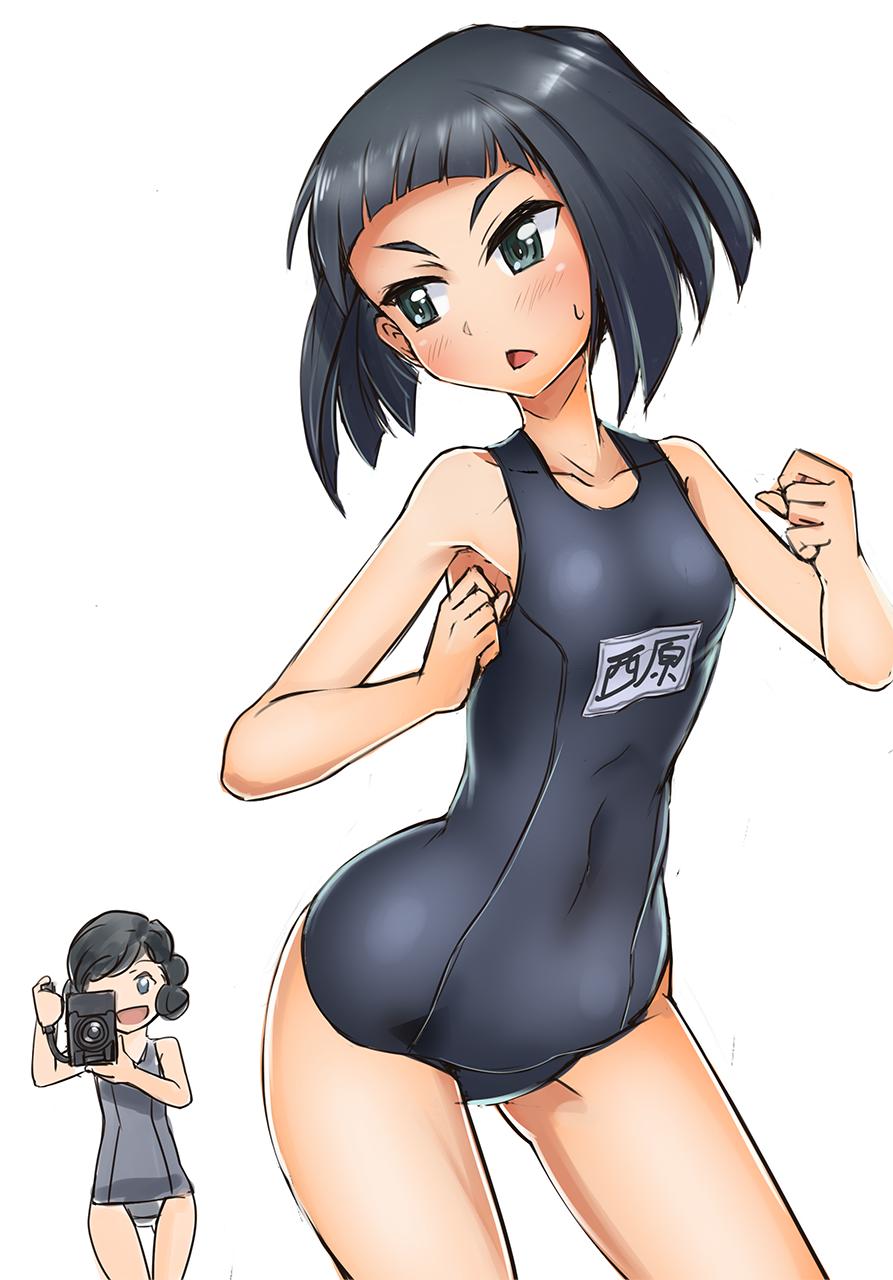 2girls bangs black_hair black_swimsuit blunt_bangs blunt_ends blush bob_cut camcorder closed_mouth commentary covered_navel curly_hair frown girls_und_panzer green_eyes highres leaning_forward looking_at_another looking_back multiple_girls name_tag nishihara_(girls_und_panzer) old_school_swimsuit recording school_swimsuit short_hair simple_background solokov_(okb-999) standing swept_bangs swimsuit teramoto_(girls_und_panzer) translated v-shaped_eyebrows white_background