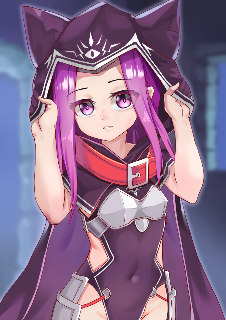 1girl armor arms_up black_cape black_capelet black_leotard breastplate cape capelet collar covered_navel fate/grand_order fate_(series) hank10111213 hood hood_grab leotard long_hair medusa_(lancer)_(fate) purple_hair solo violet_eyes